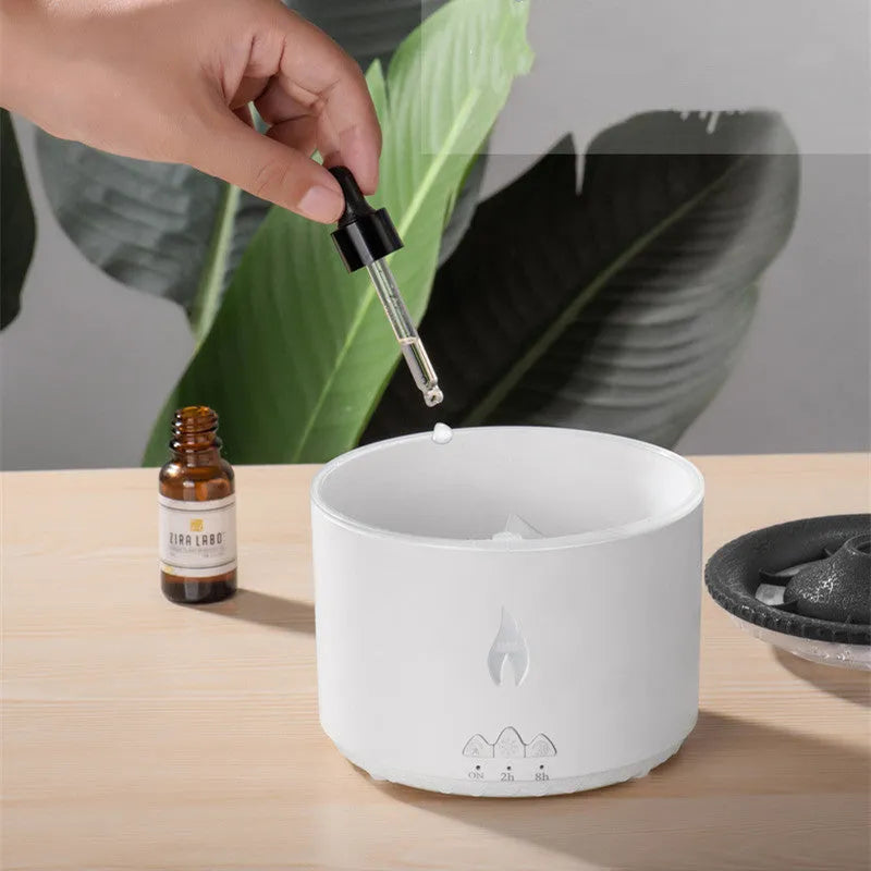 Two-colour spray ring volcano humidifier with aromatherapy, low noise 36dB, AC powered, plastic body, fire blue bicolor colour option
