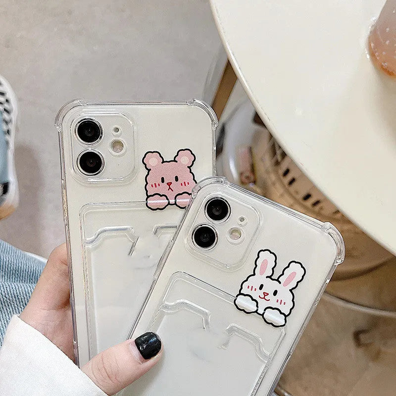 Cartoon design transparent TPU iPhone case with integrated card holder slot.