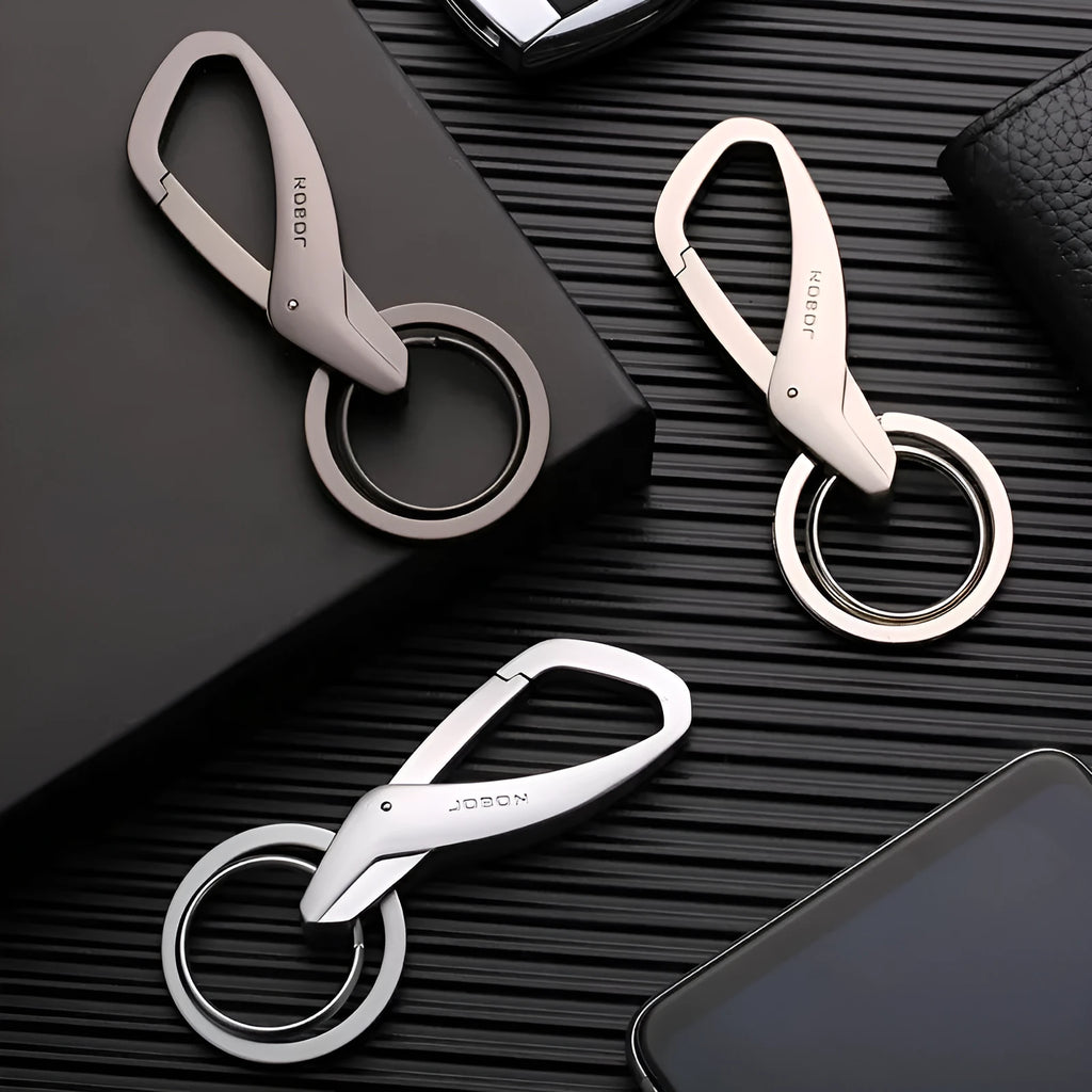 Zinc alloy double ring car keychain in black, chrome, or nickel colour.