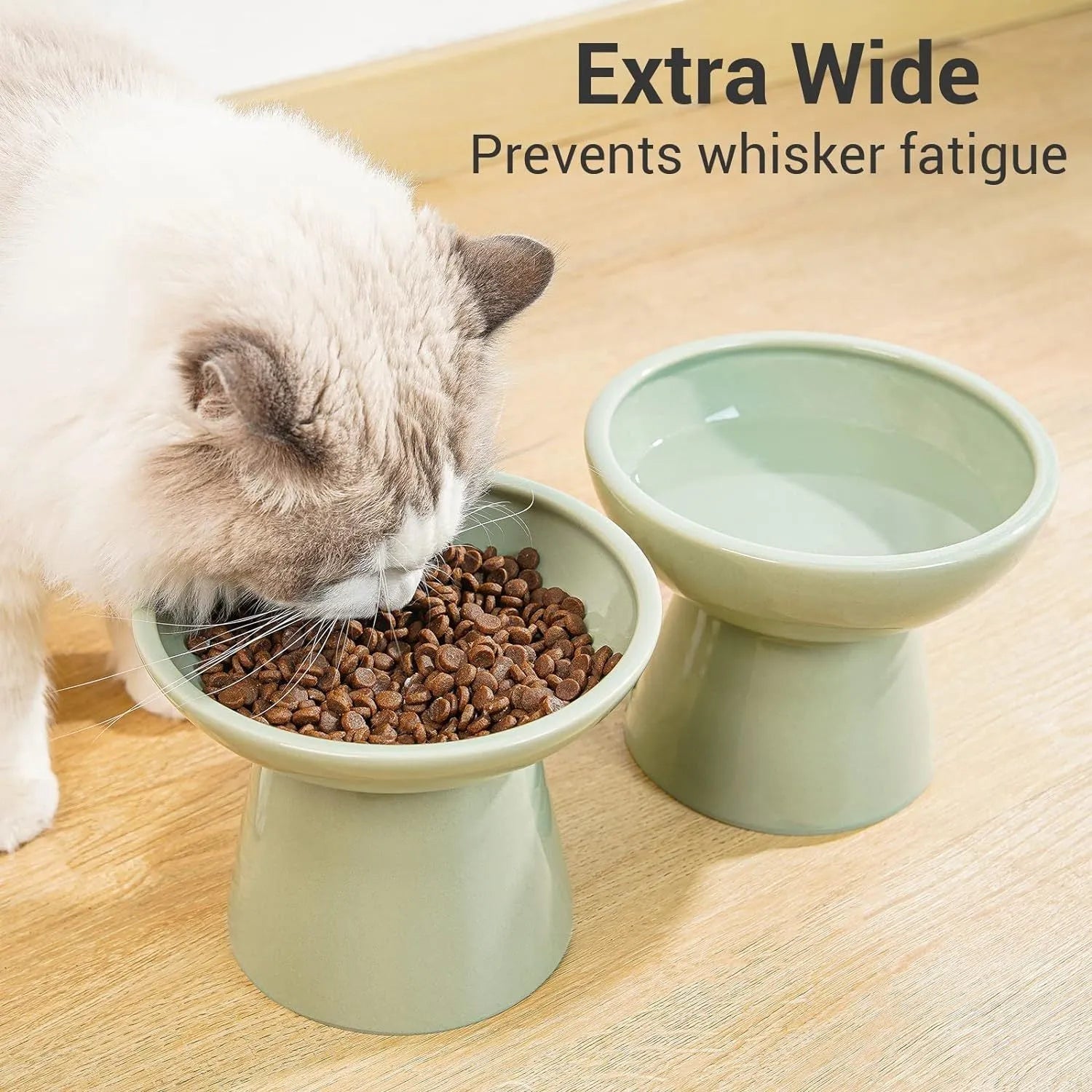 Elevated ceramic cat bowl in blue with wide 16cm diameter shallow design