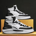 Men's black and white platform high-top board shoes with round toe and artificial PU upper