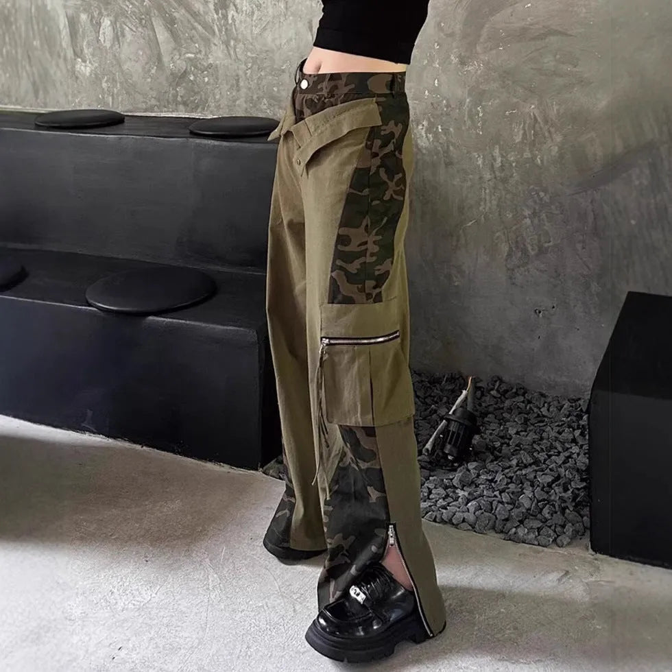 Dark khaki leopard print high-waist women's jeans with straight leg and retro tooling style details.