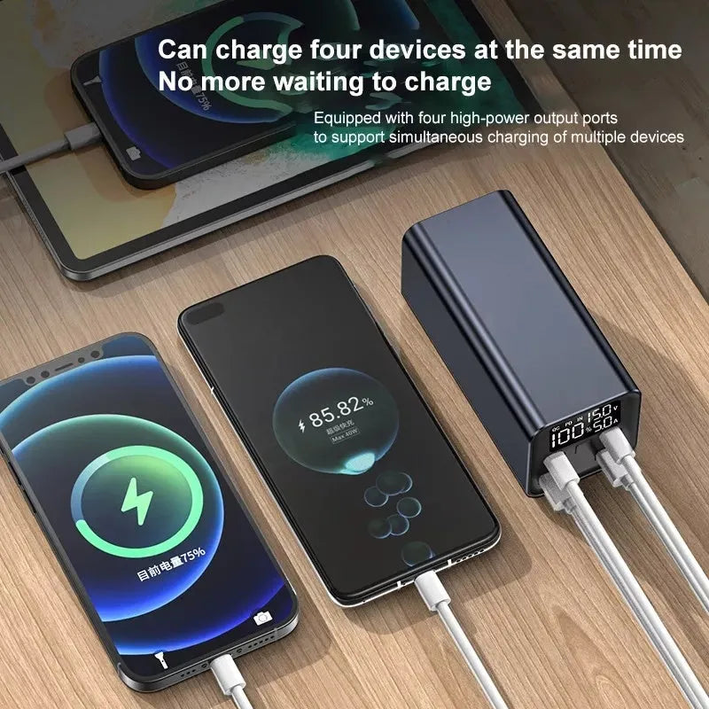 Super fast charging metal power bank with 20000mAh capacity and 65W output in black, blue, or grey colours
