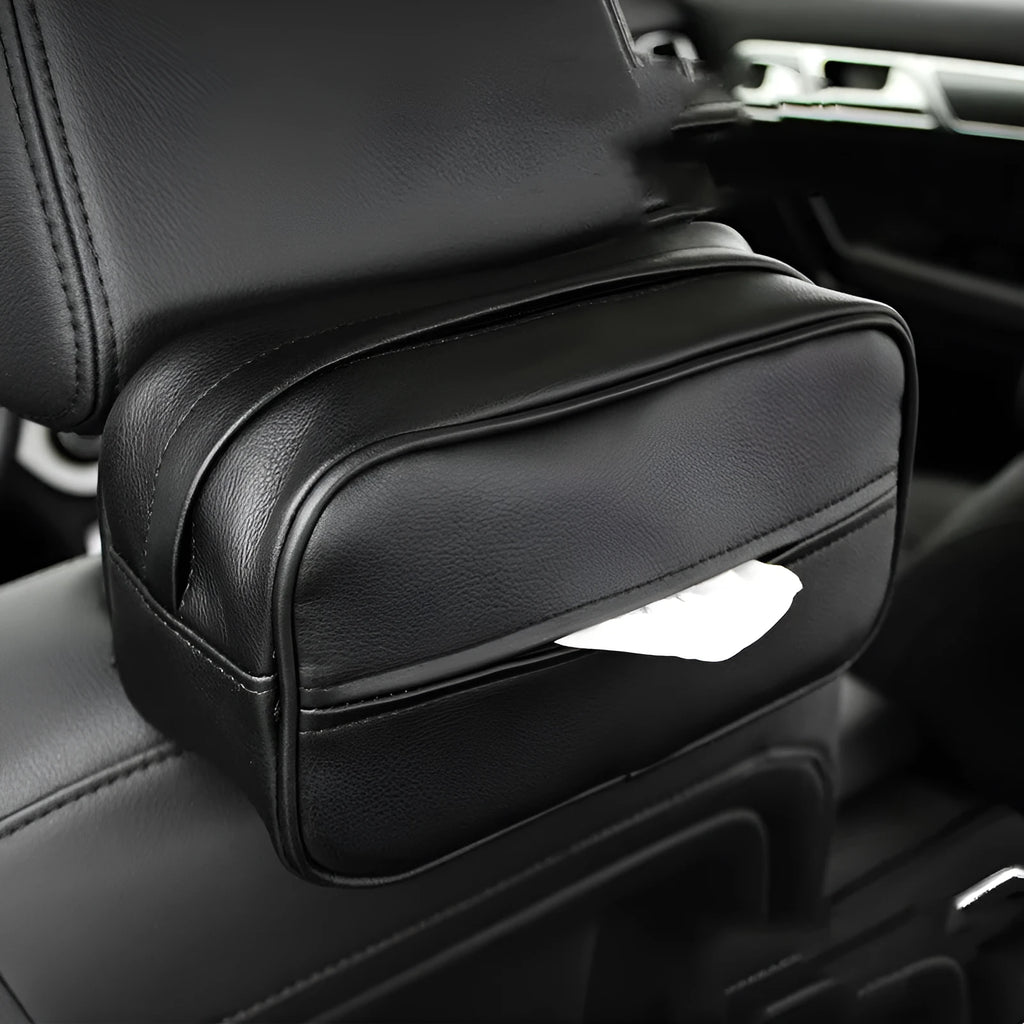 Black leather car hanging storage box with PU strap measuring 23x13x9cm