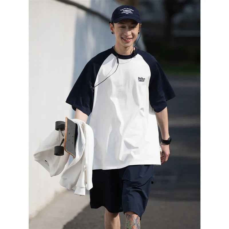 Men's casual Japanese raglan sleeve t-shirt in gray, loose fit, thin chemical fibre blend, pullover style