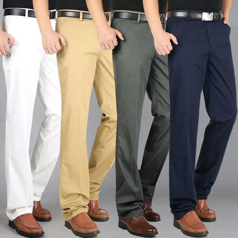 Men's elastic cotton high waisted loose trousers in creamy white, front view, sizes 29 to 44