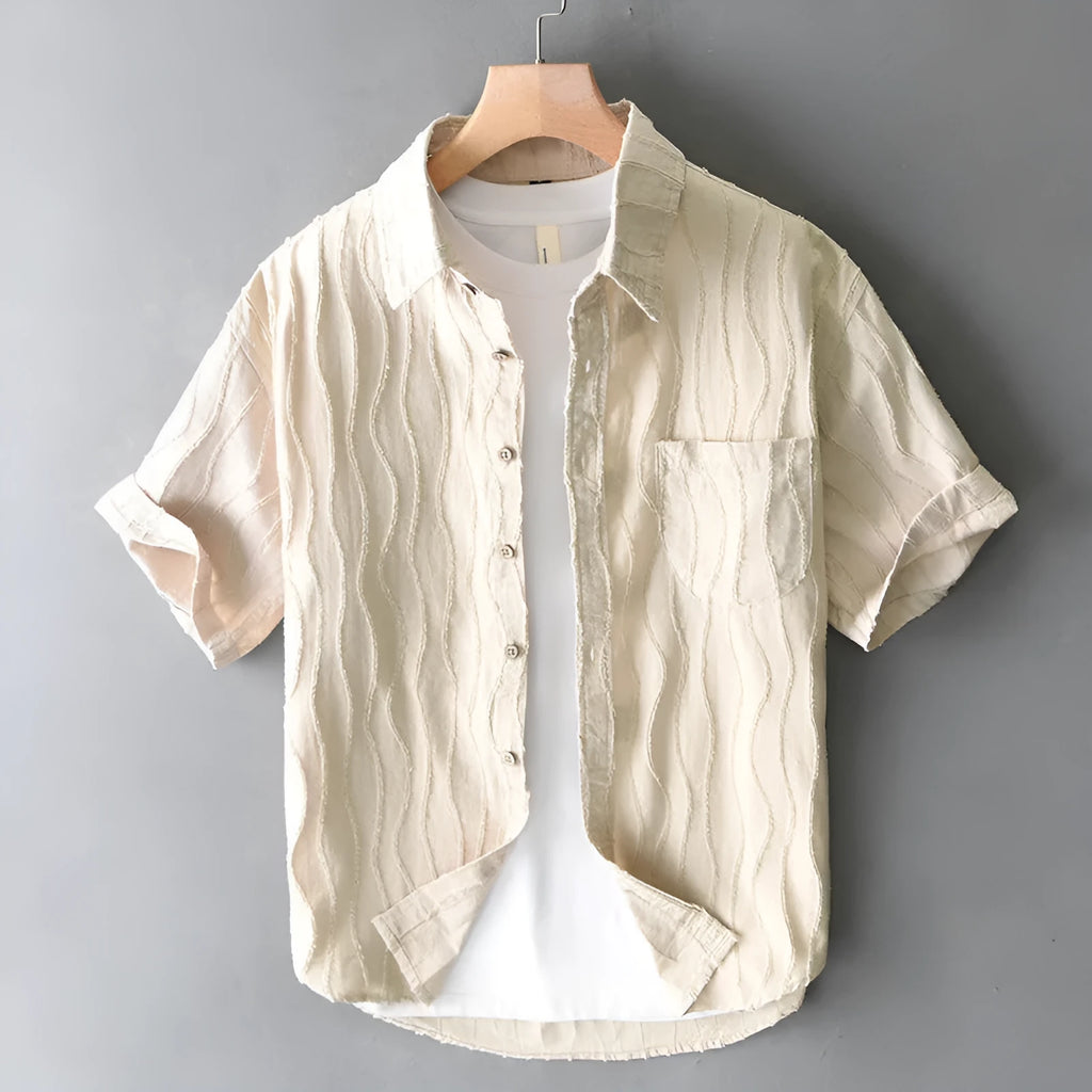 Men's pure cotton casual shirt in apricot colour with short sleeves and loose Japanese style fit