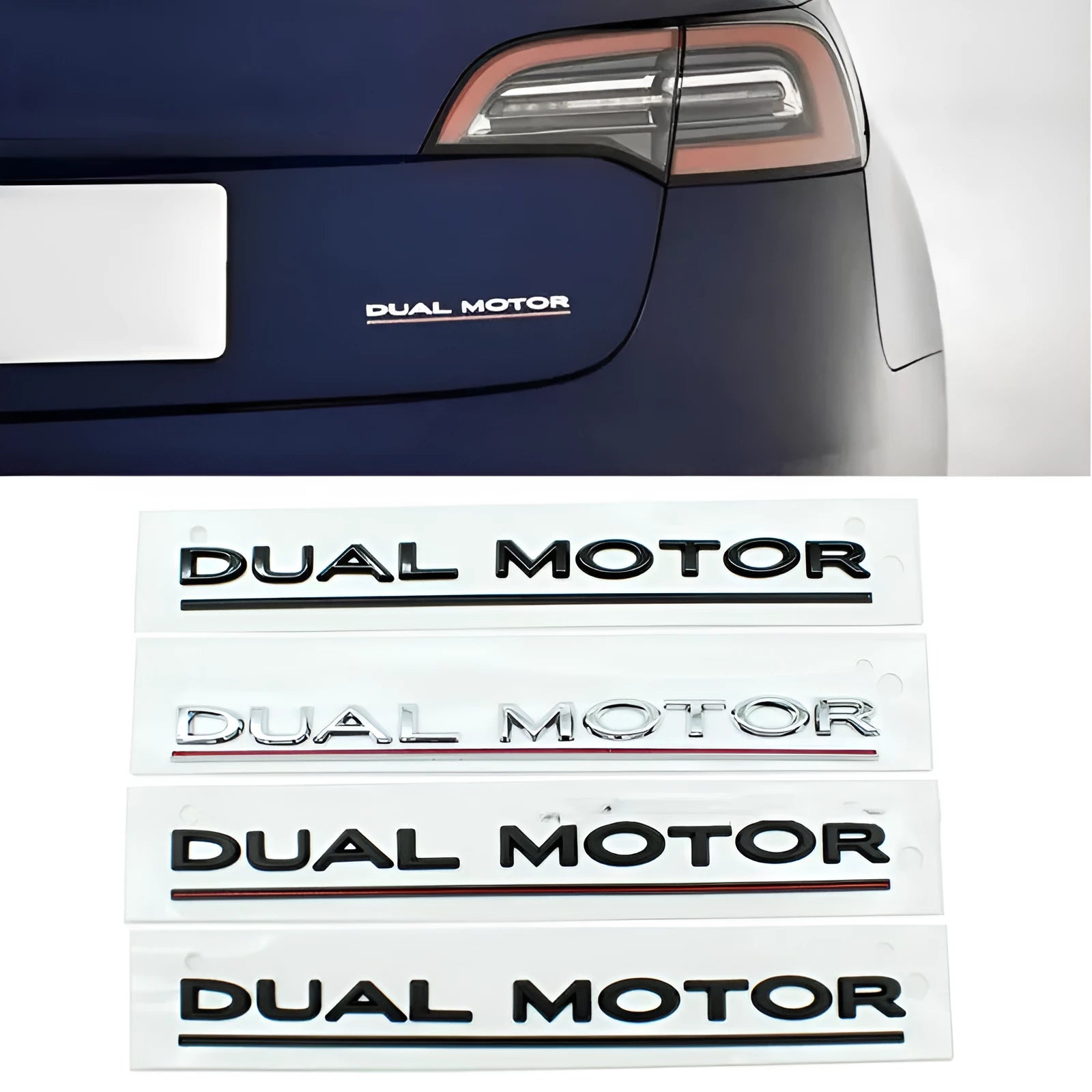 Tesla Model 3 Dual Motor bumper sticker in ABS plastic, shows matte black and silver colour options.
