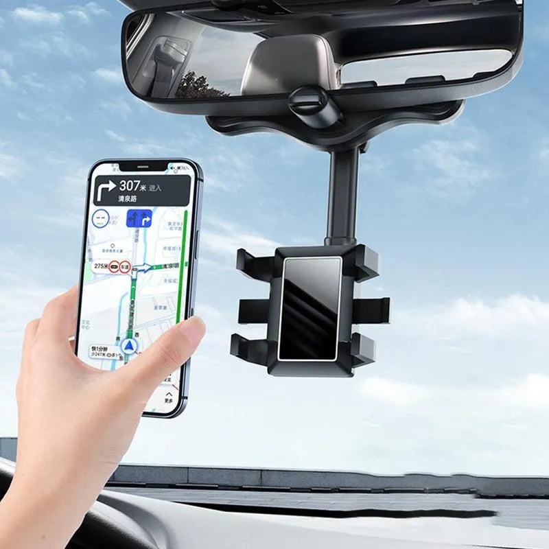 Black rearview mirror car phone holder with 360-degree rotation and telescopic arm extended