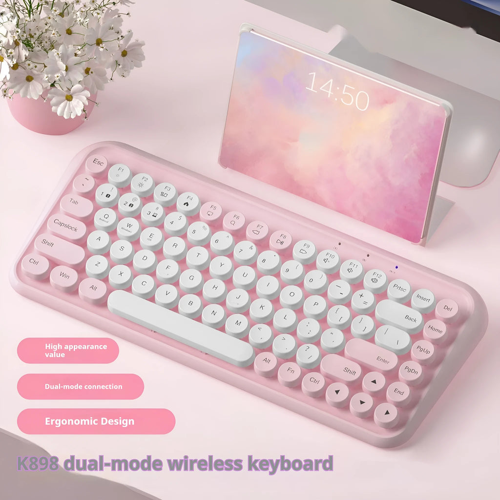 Pink Bluetooth wireless keyboard with 84 keys in compact portable design