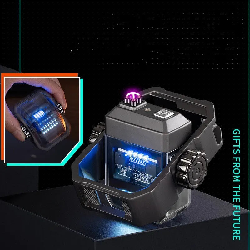 Blue Pulse electric arc lighter showing the double plasma arc and the mechanical gyroscope design.