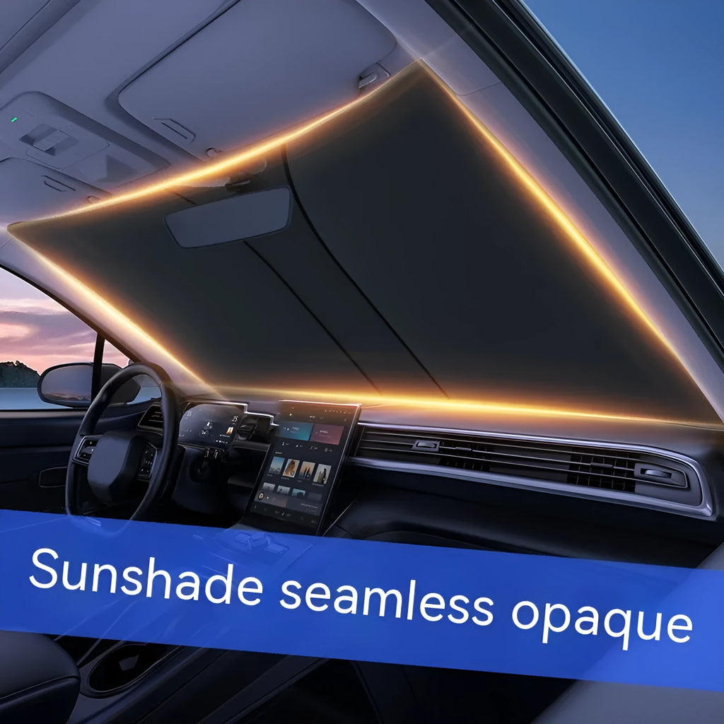 Car front sun shield made of NC fabric with a titanium silver reflective coating, shown rolled up.