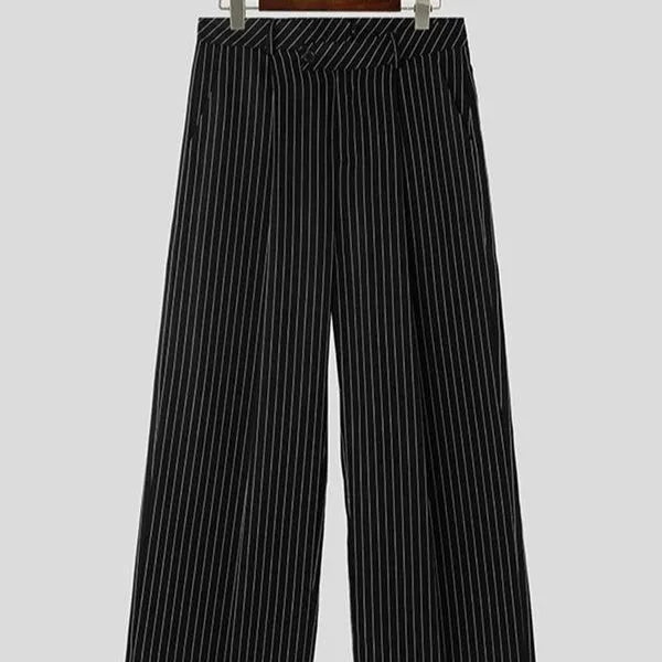 Black men's trousers with vertical stripes and pleated design detail