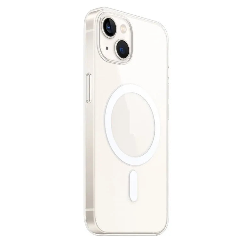 Transparent magnetic back cover phone case for iPhone showing clear PC construction and magnetic feature