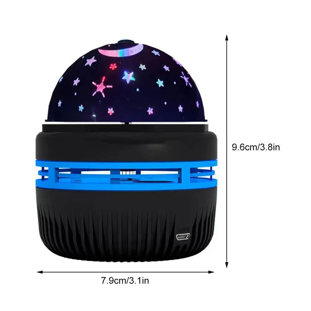 LED rotating magic ball galaxy projector lamp with remote control on a bedside table.