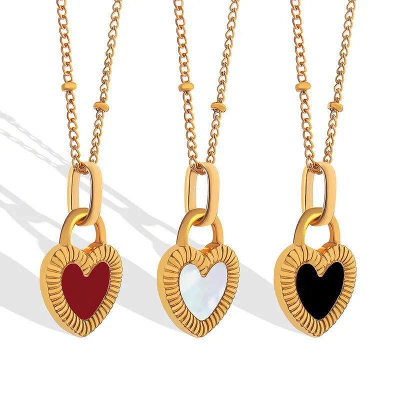 Double-sided colour heart pendant necklace in titanium steel, 40+5cm chain, black and white colour option.