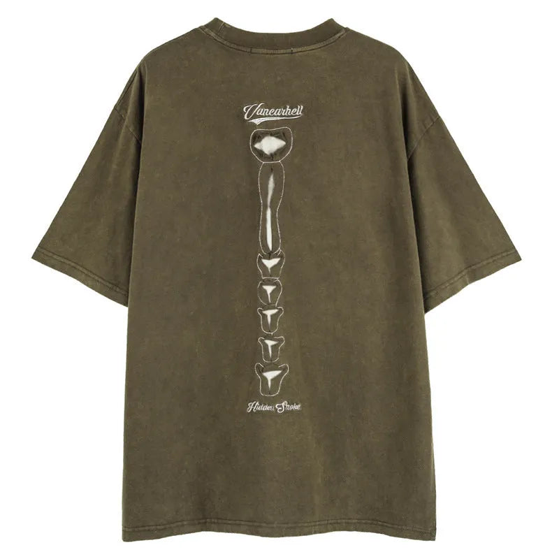 Brown loose fit cotton T-shirt with a skull and letter print design and drop-shoulder sleeves.