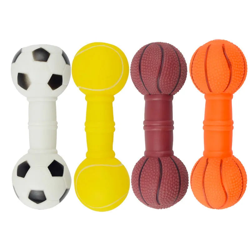 Colourful PVC football dumbbell shaped dog toy on a plain background.