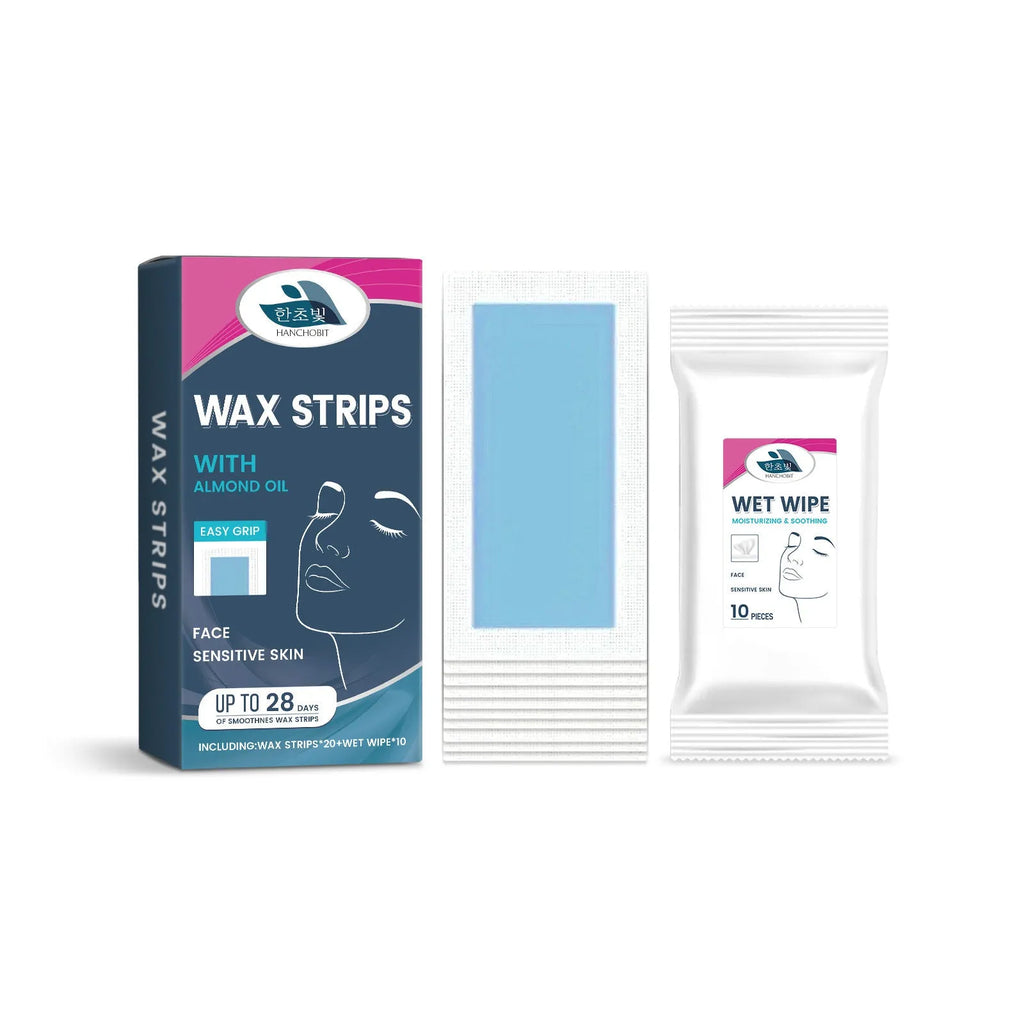 HANCHOBIT facial hair removal wax paper strips with wet wipes, 20 strips and 10 wipes, rosin-based wax for upper lip and face