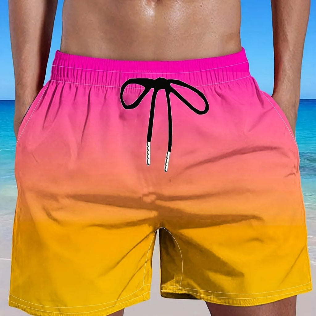 Men's gradient colour 3D digitally printed mesh sport shorts on a mannequin.