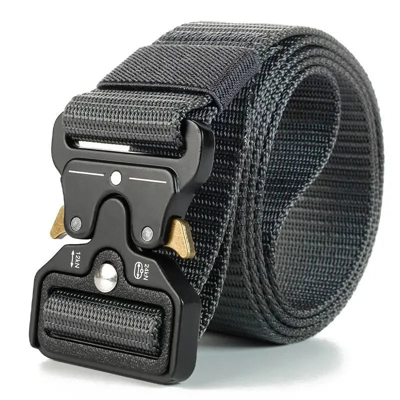 Men's thick canvas tactical belt with alloy release buckle shown in Army Green colour