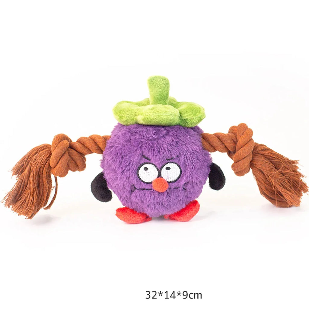 Green and purple interactive dog plush rope knot tug-of-war toy with molar teeth