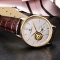 Automatic mechanical business men's watch with circular dial, sapphire crystal glass, and genuine leather strap