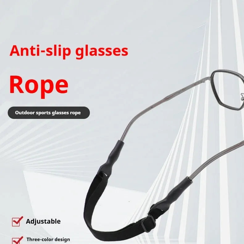Black adjustable glasses cord with silicone ends for securing spectacles against loss.