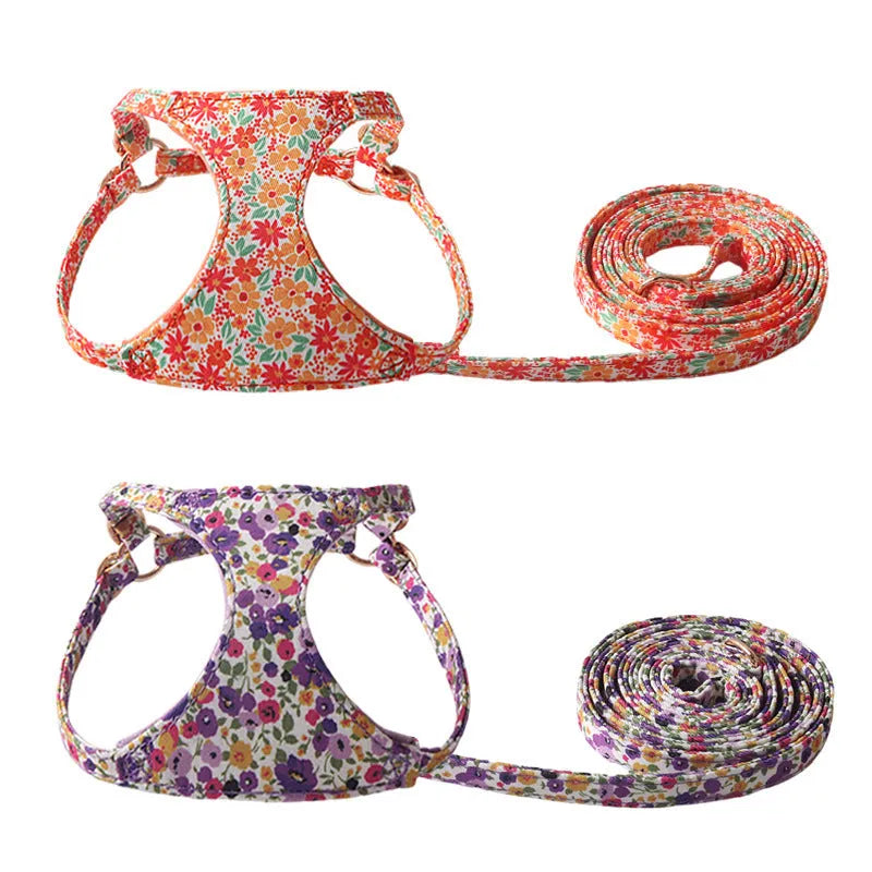 Super Beautiful Floral Series pet harness suit with leash in orange for small dogs