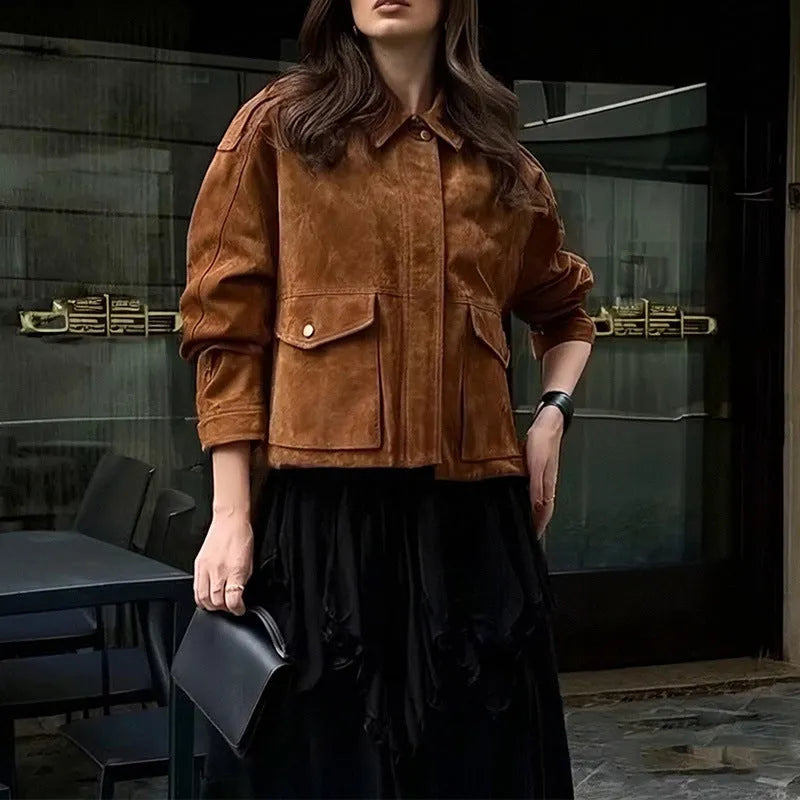 Women's brown suede coat with regular sleeves in street chic style showing front view