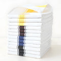 Set of twelve striped polyester cotton dish towels in five colours including blue, yellow, and black