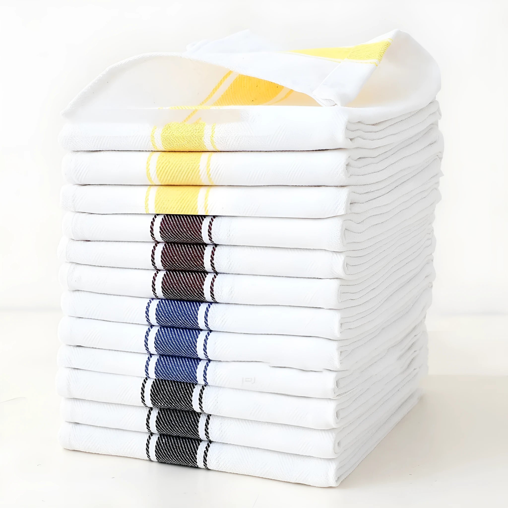 Set of twelve striped polyester cotton dish towels in five colours including blue, yellow, and black