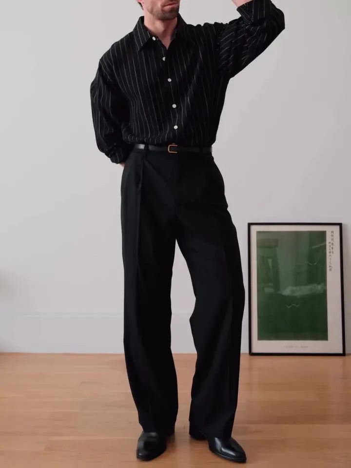 Men's black pinstripe button-down shirt with regular fit and traditional collar