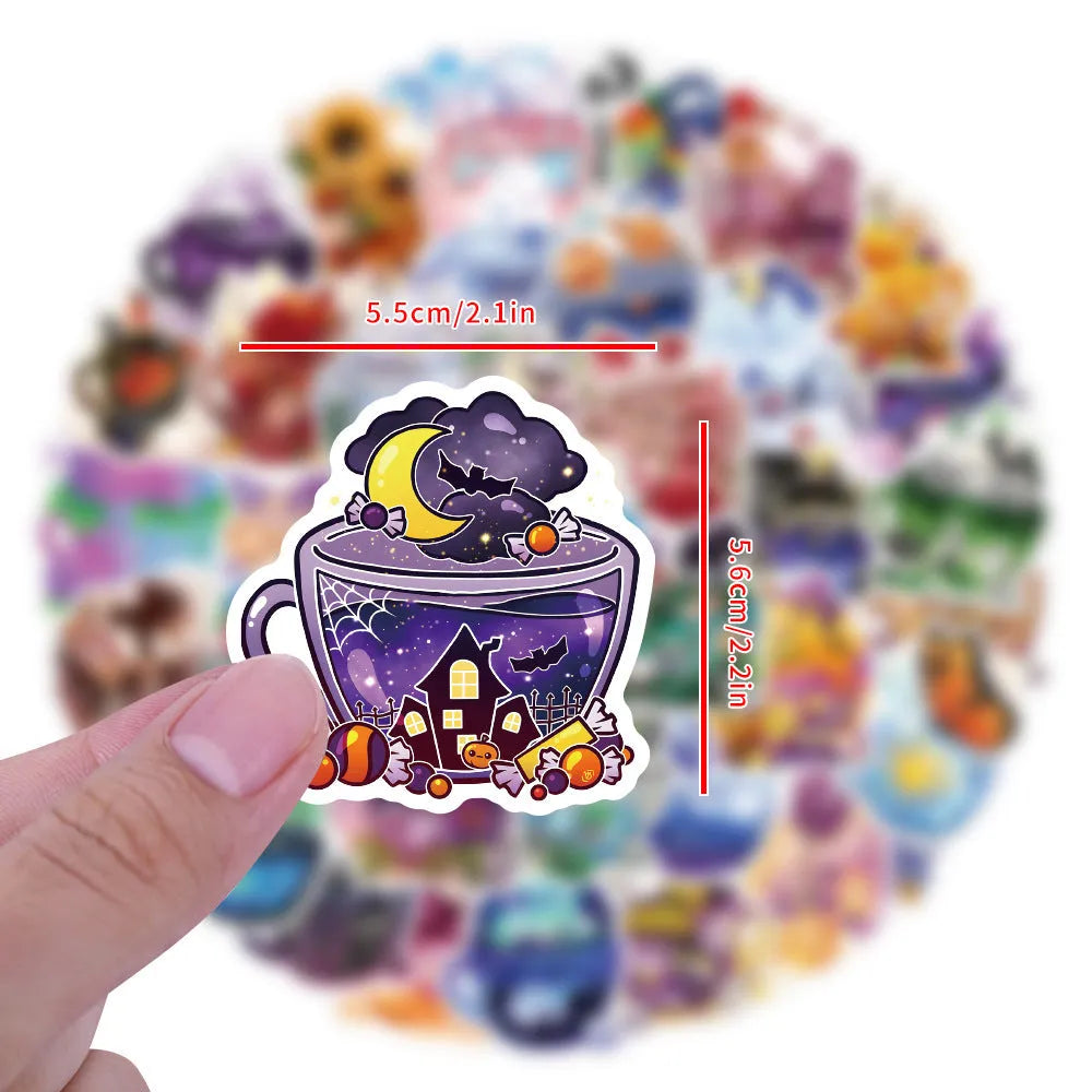 Set of 50 colourful tea cup waterproof stickers with graffiti design for scooter and luggage personalisation