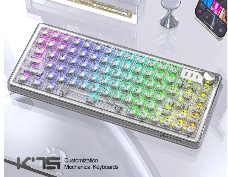 Attack Shark K75 RGB wireless mechanical keyboard with transparent housing showing internal components and RGB lighting