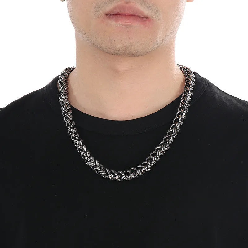 Men's titanium steel keel chain necklace with antique silver finish and large hemp flower links