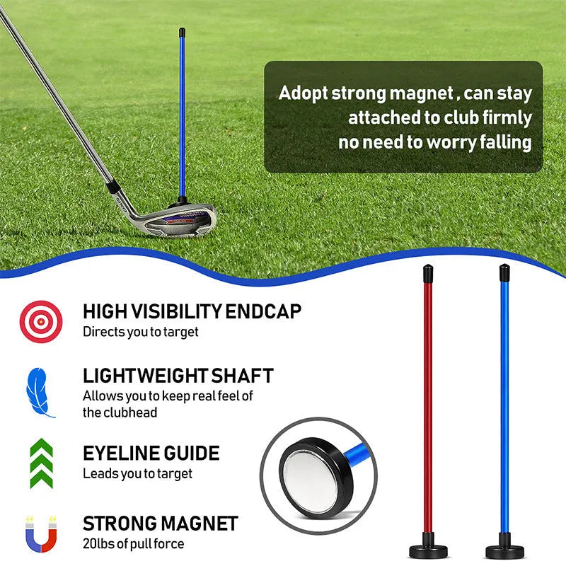 Red and blue aluminium alloy golf swing trainer with magnetic direction bar.