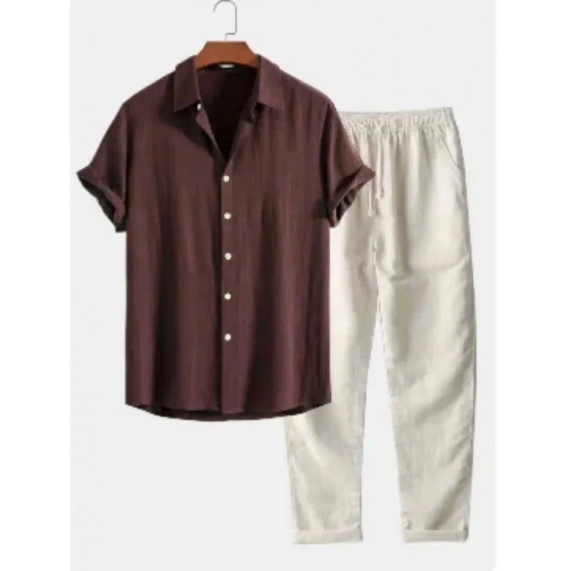 Men's loose fitting short sleeve shirt and trousers suit in linen-look polyester fabric on hanger
