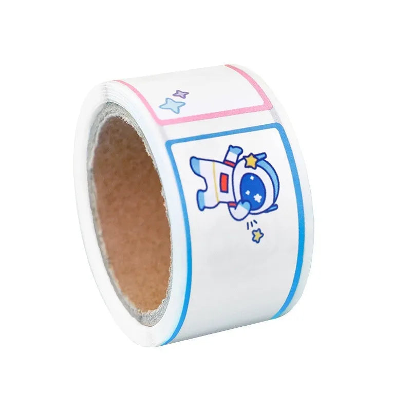 Roll of creative cartoon tape stickers showing dinosaur, astronaut, rabbit, and girl designs.