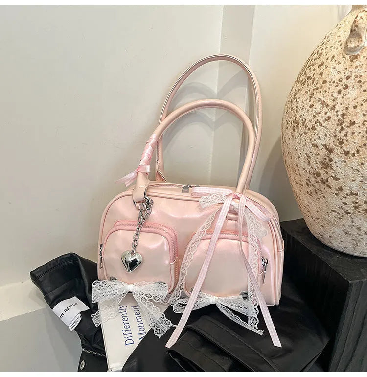 Horizontal square shoulder bag in soft PU material with double straps and internal phone compartment
