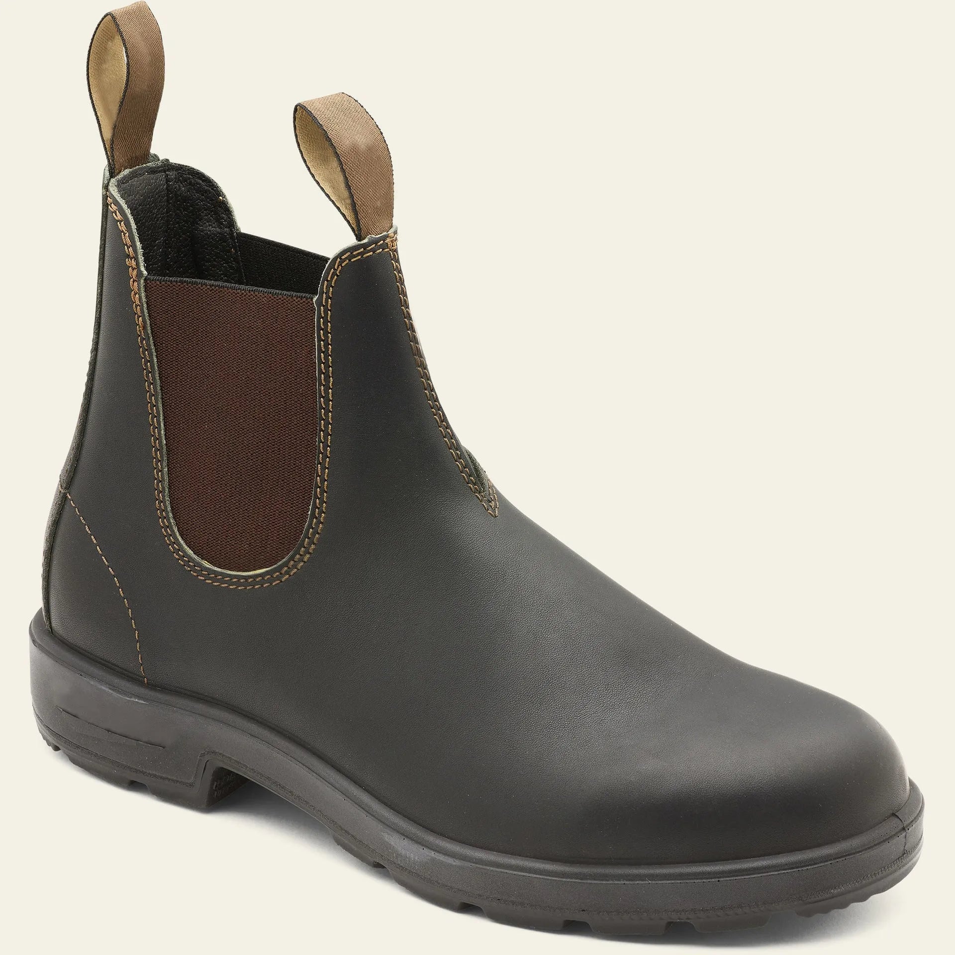 Vintage brown genuine leather unisex Chelsea boots with a chunky sole and frosted finish.