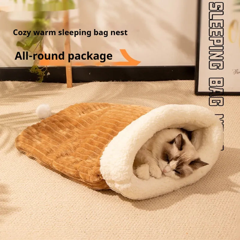 Blue flannel sleeping bag nest pet bed for cats measuring 50 by 40 cm