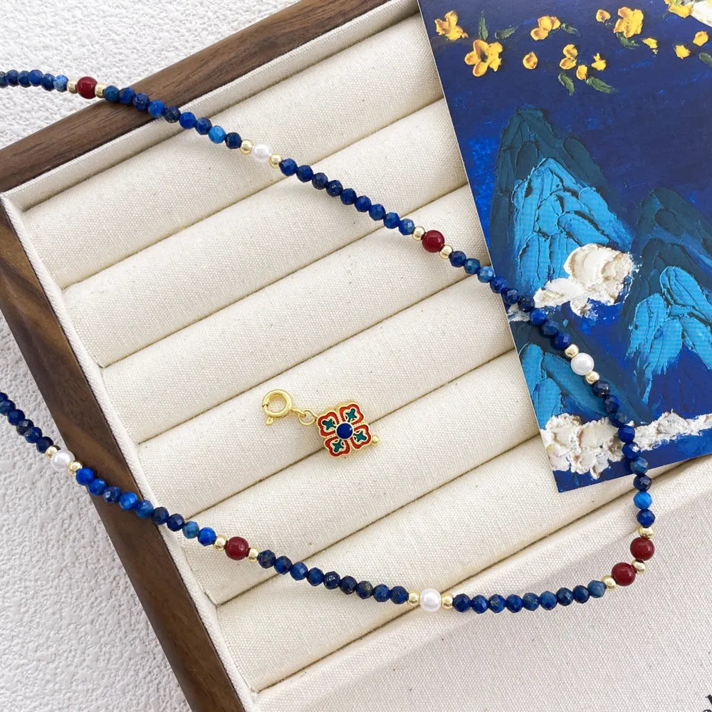 Natural lapis lazuli pendant necklace with copper setting on ball bead chain, adjustable 41-50cm, handmade women's jewellery
