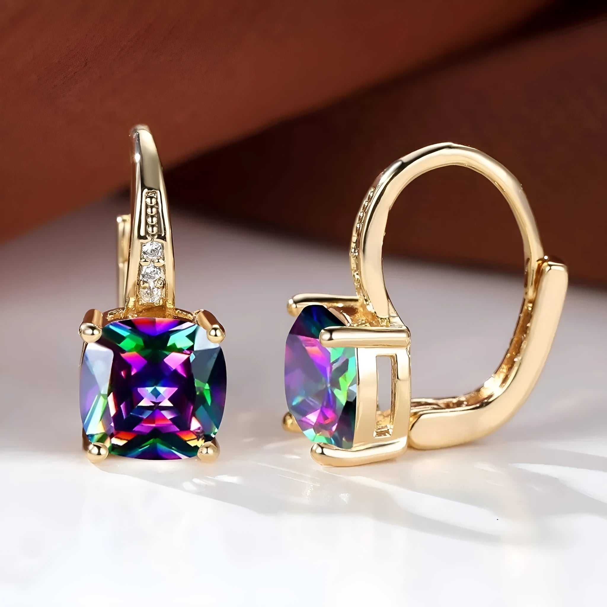 Square geometric ear clip with colourful moissanite inlays and gold electroplated finish