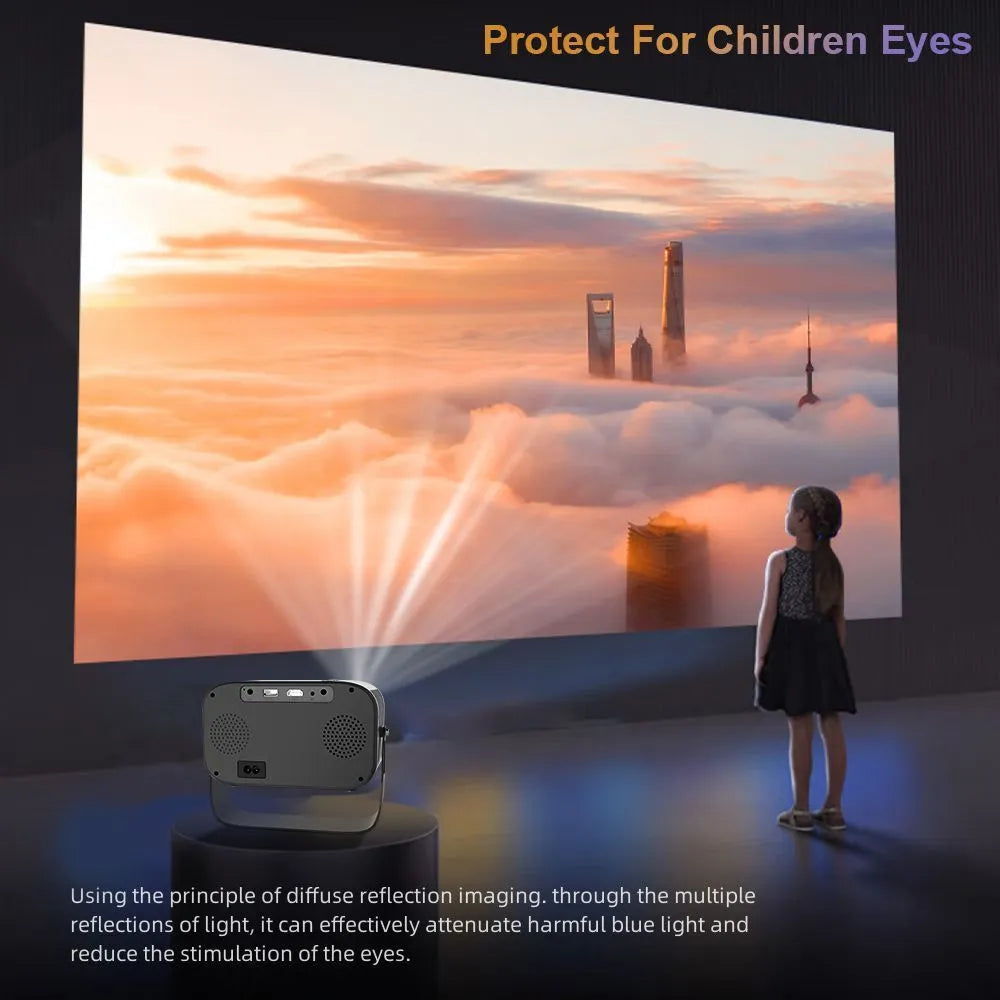 Black portable HD projector with Android system, remote control and multiple power cable adaptors