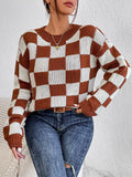 Dark brown plaid acrylic pullover sweater with round neck and long sleeves