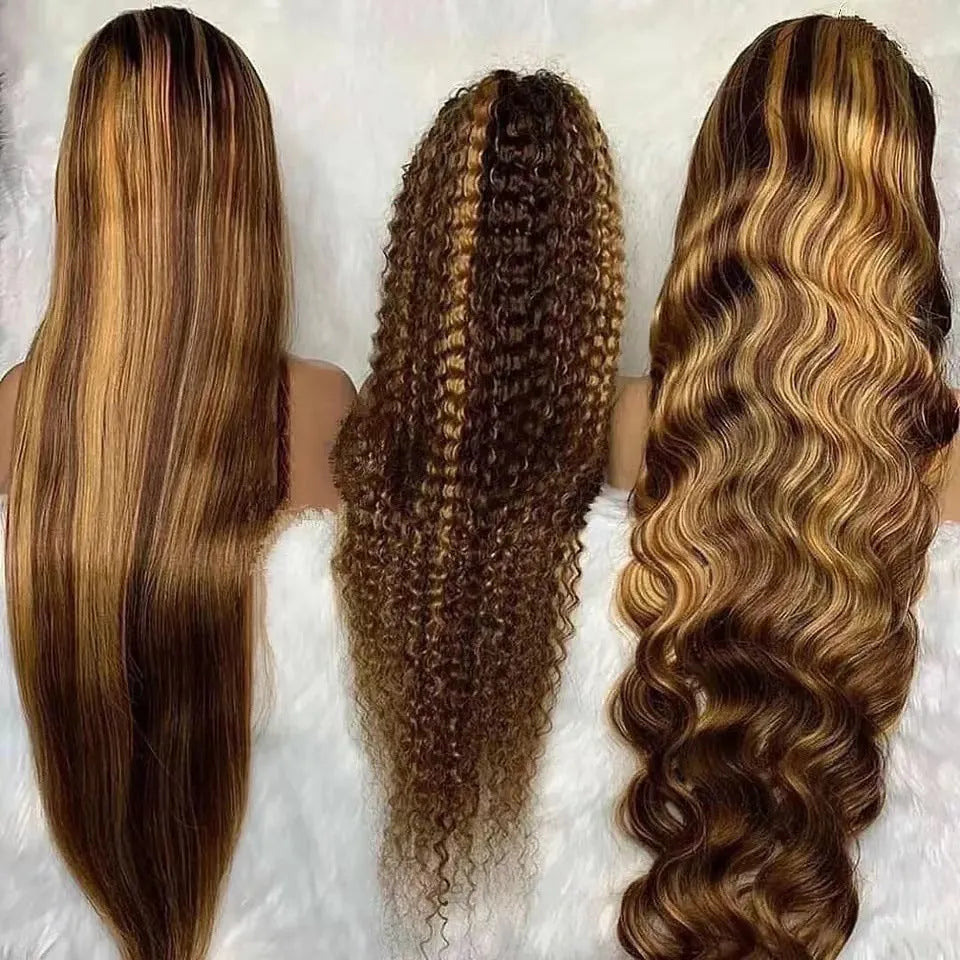 Front lace wig with African black gradient colour in a long, big wave style with side bangs.