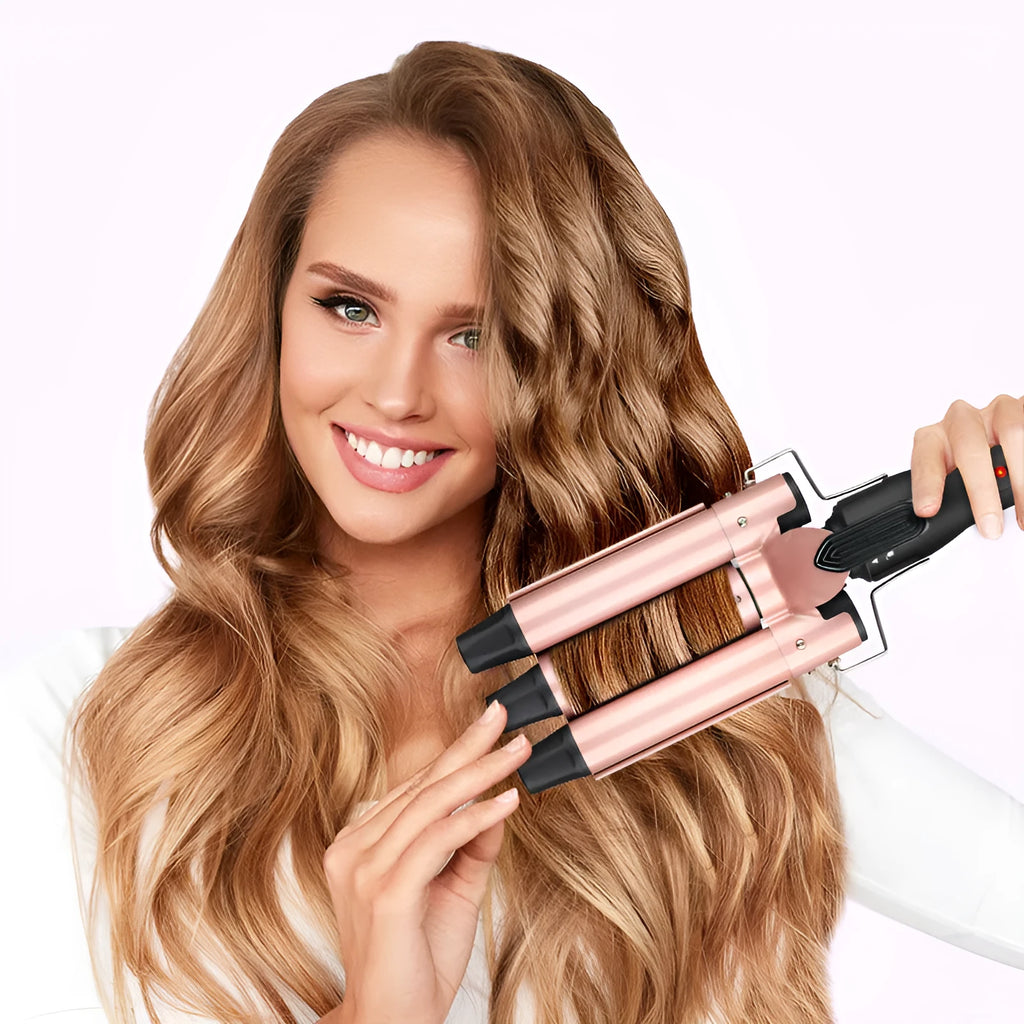 Three-tube water wave hair curler with wired AC power for curly and straight hair styling