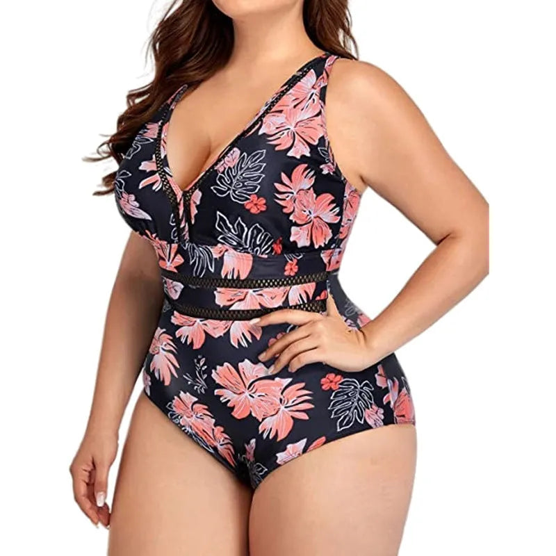 Women's black polyester mesh bikini with printing details in plus sizes S to 5XL