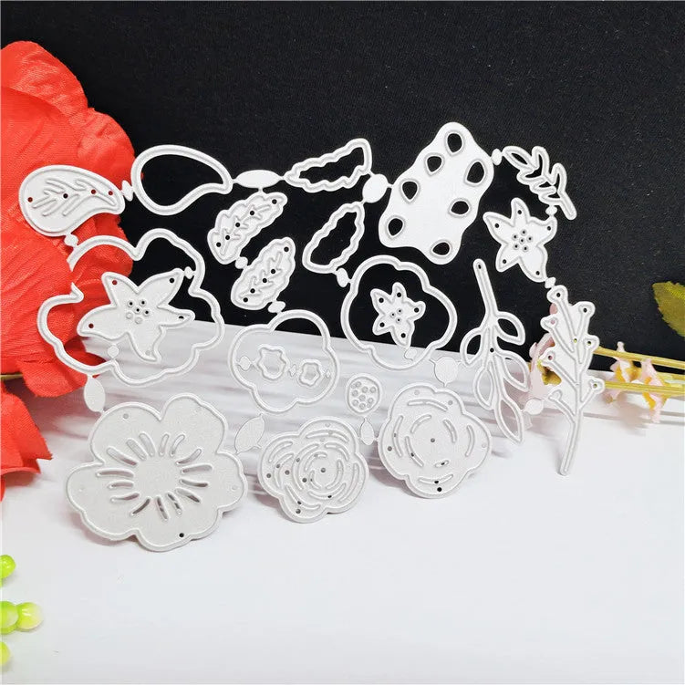Silver carbon steel flower die for paper cutting, 14.3 x 9.9 cm etched floral design
